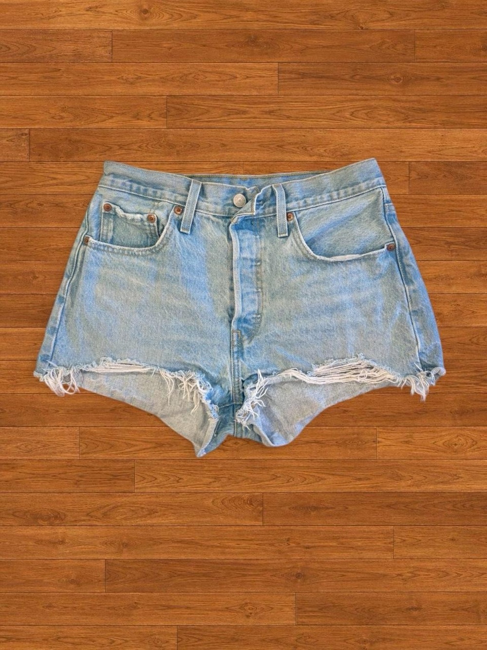 Levi's Light Blue Frayed Denim Cutoff Shorts